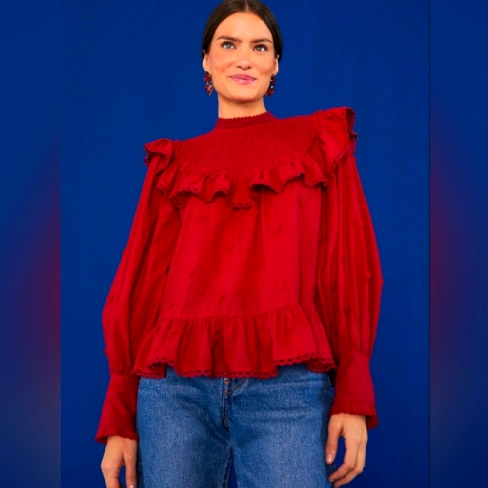 Farm Rio Red Ruffled Long-Sleeve Tunic Top